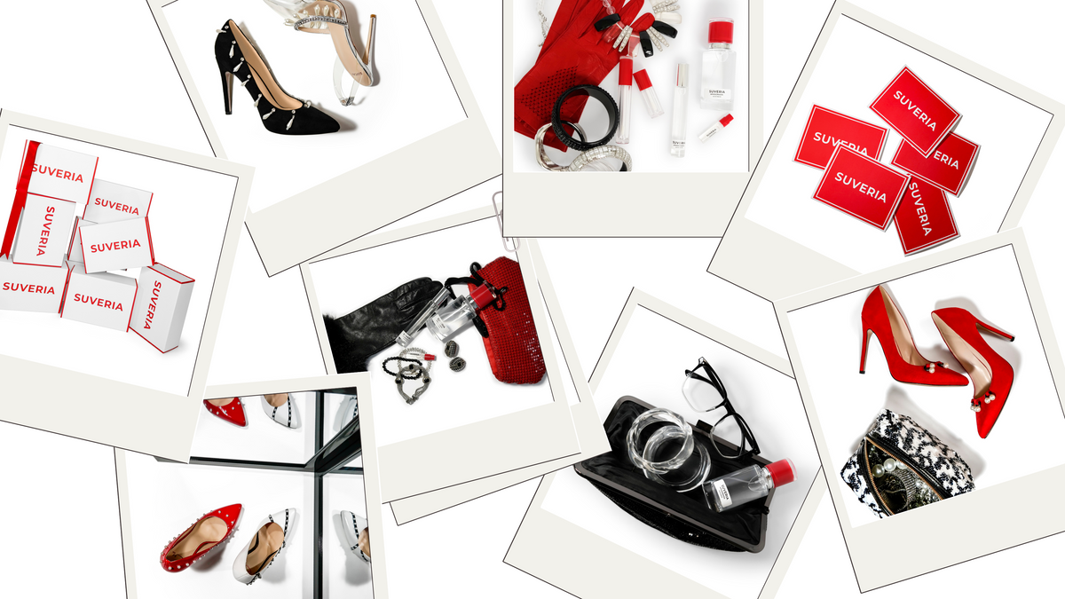 Collage of fashion items including shoes, handbags, and cameras with 'Sovirel' branding.