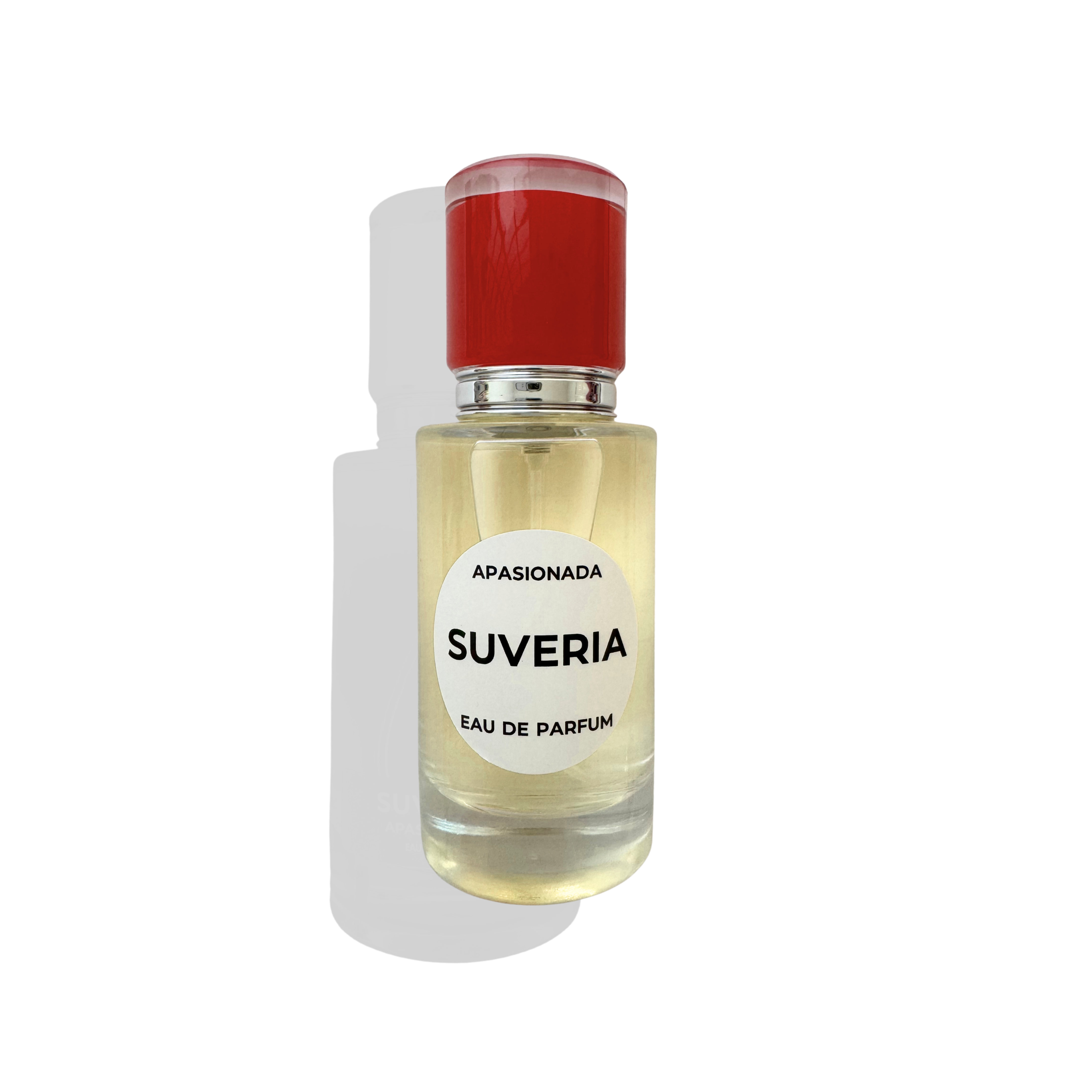 Perfume bottle with red cap and white label on a white background
