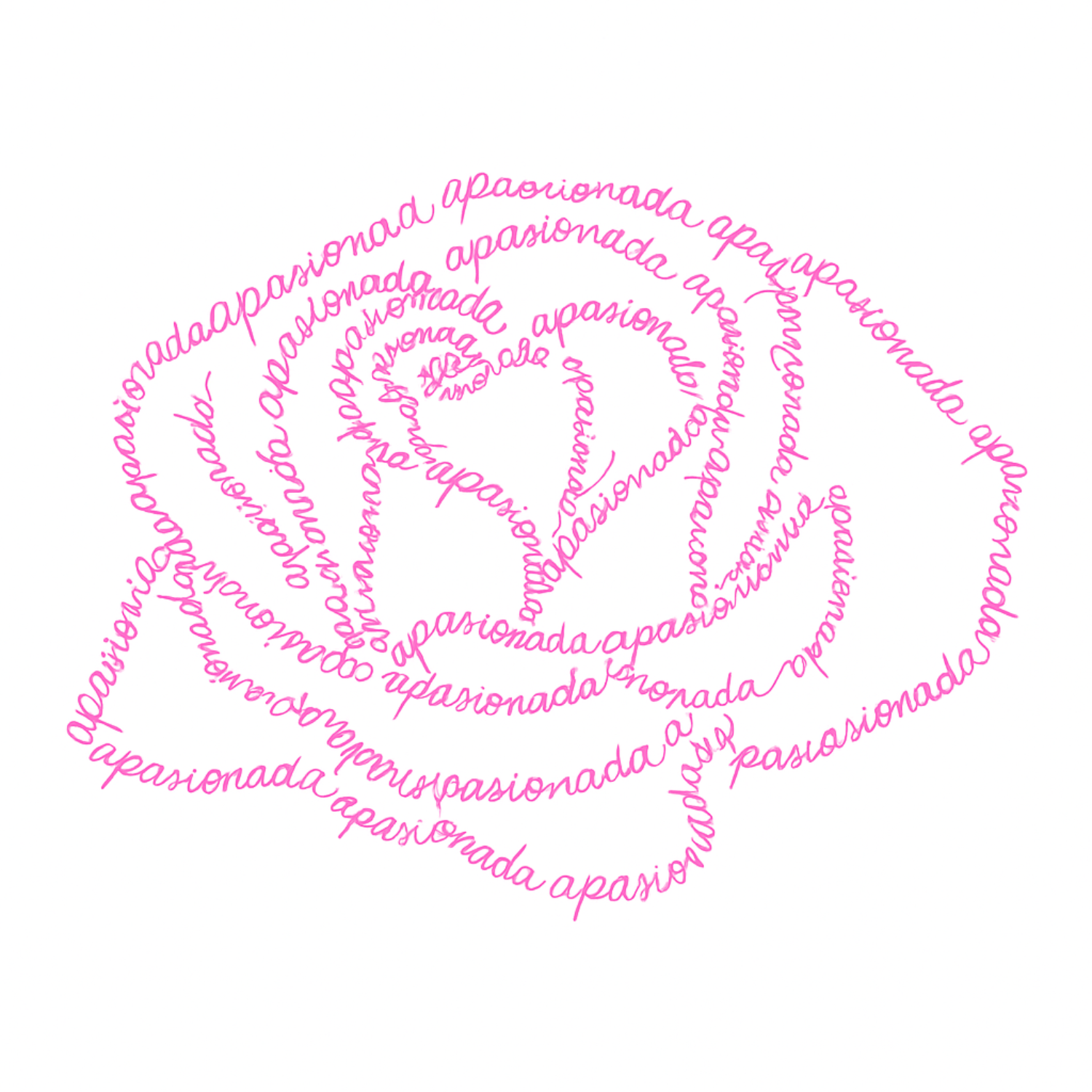 Cursive pink words 'apasionada' forming a rose shape on a white background